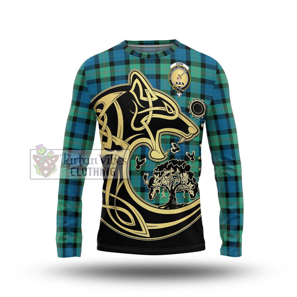 Gunn Ancient Tartan Long Sleeve T-Shirt with Family Crest Celtic Wolf Style Unisex - Tartan Vibes Clothing