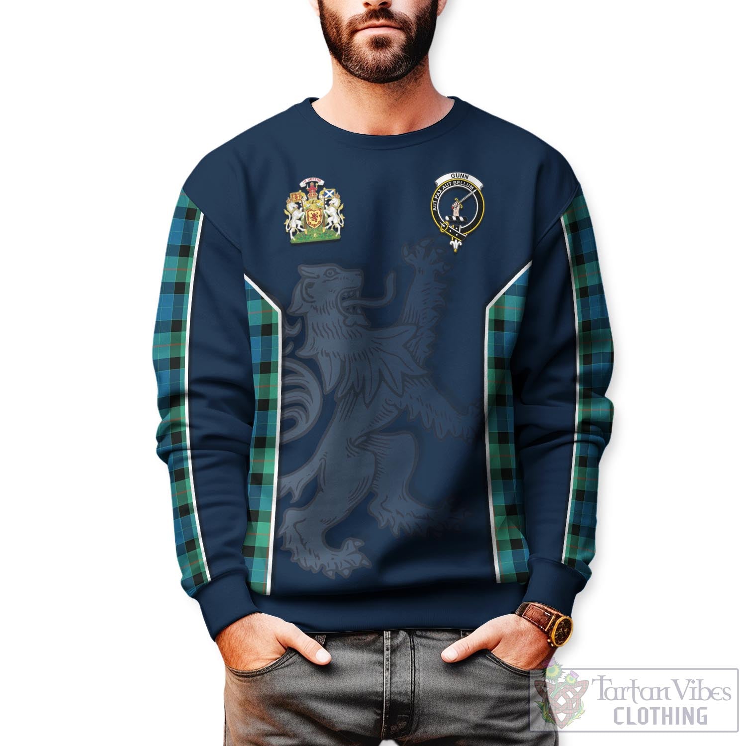 Tartan Vibes Clothing Gunn Ancient Tartan Sweater with Family Crest and Lion Rampant Vibes Sport Style