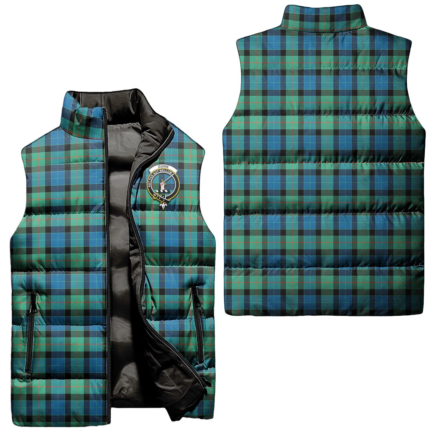 Gunn Ancient Tartan Sleeveless Puffer Jacket with Family Crest Unisex - Tartanvibesclothing