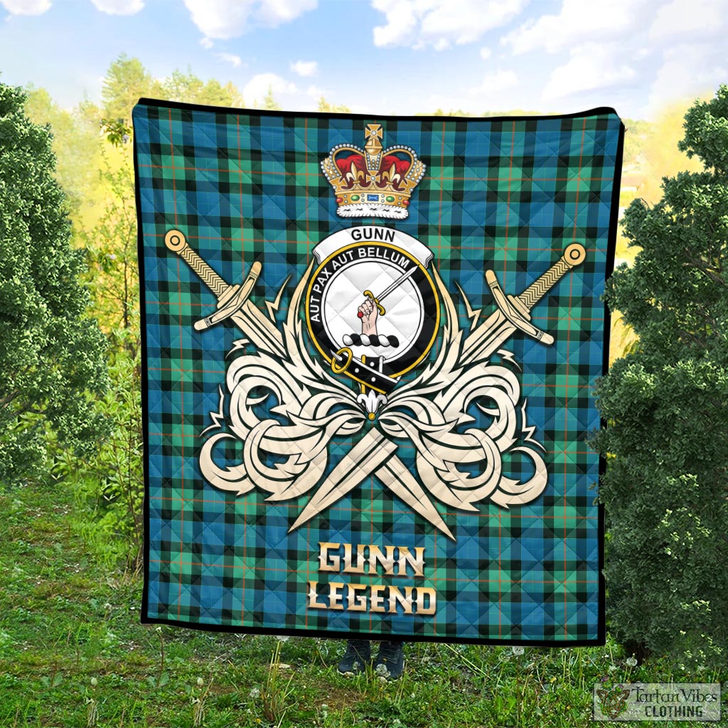 Tartan Vibes Clothing Gunn Ancient Tartan Quilt with Clan Crest and the Golden Sword of Courageous Legacy