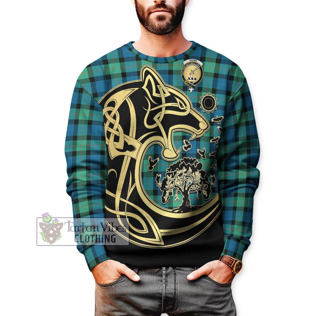 Gunn Ancient Tartan Sweatshirt with Family Crest Celtic Wolf Style Unisex - Tartan Vibes Clothing