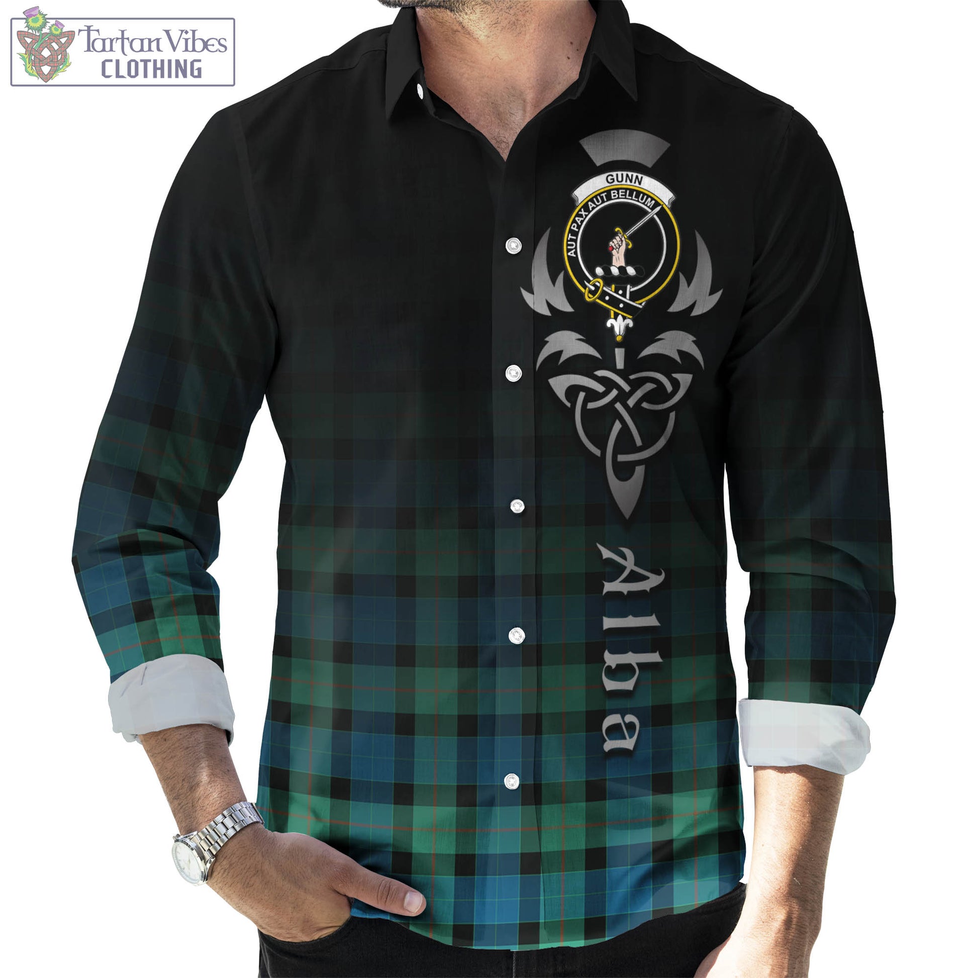 Tartan Vibes Clothing Gunn Ancient Tartan Long Sleeve Button Up Featuring Alba Gu Brath Family Crest Celtic Inspired