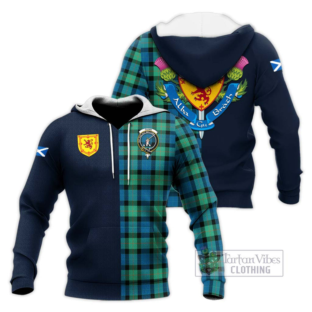 Tartan Vibes Clothing Gunn Ancient Tartan Knitted Hoodie with Scottish Lion Royal Arm Half Style