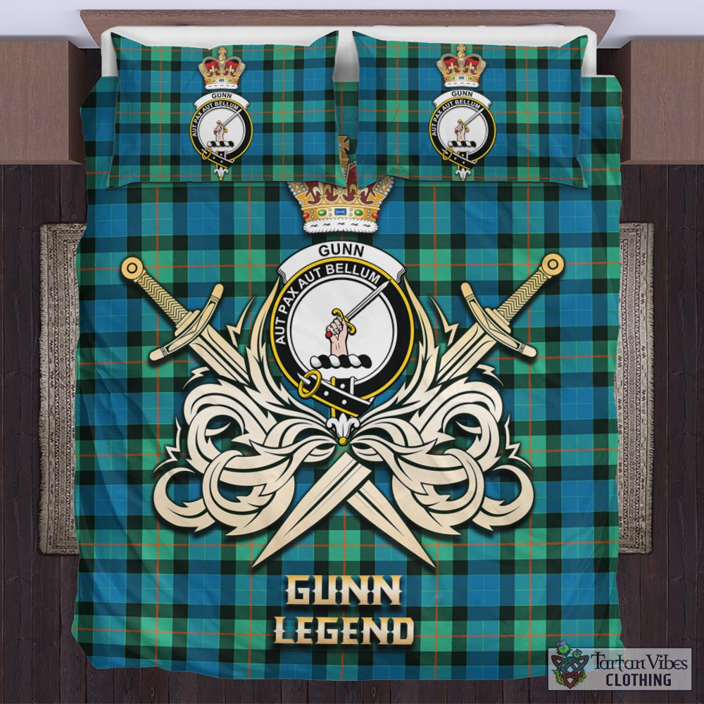 Tartan Vibes Clothing Gunn Ancient Tartan Bedding Set with Clan Crest and the Golden Sword of Courageous Legacy