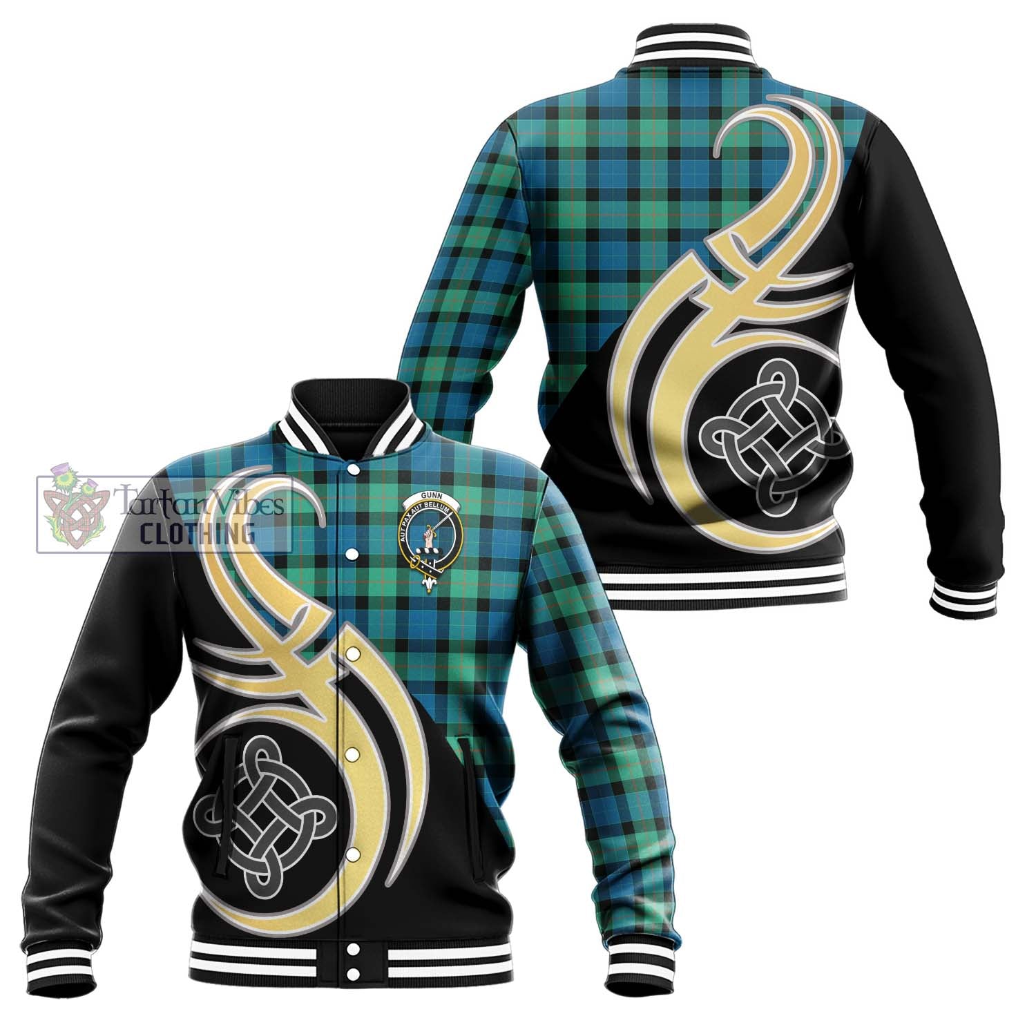 Gunn Ancient Tartan Baseball Jacket with Family Crest and Celtic Symbol Style Unisex - Tartan Vibes Clothing