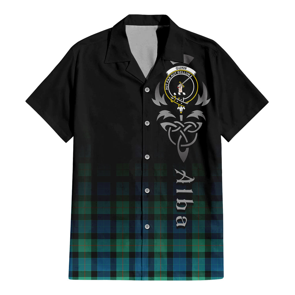 Tartan Vibes Clothing Gunn Ancient Tartan Short Sleeve Button Up Featuring Alba Gu Brath Family Crest Celtic Inspired