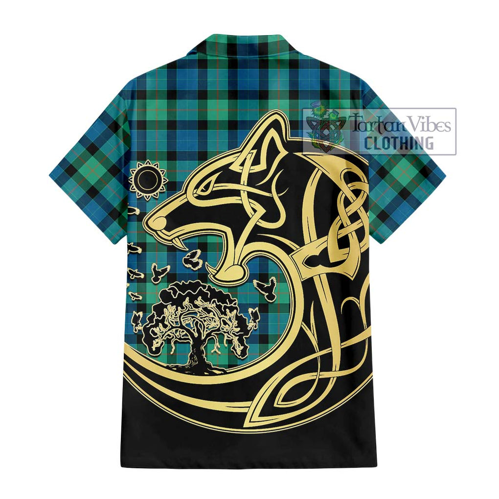 Gunn Ancient Tartan Short Sleeve Button Shirt with Family Crest Celtic Wolf Style - Tartan Vibes Clothing