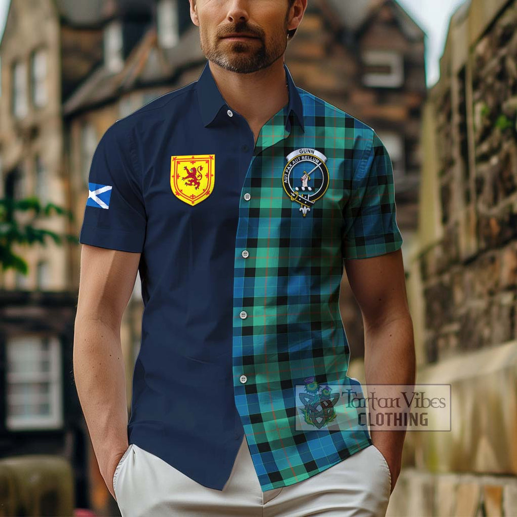 Tartan Vibes Clothing Gunn Ancient Tartan Short Sleeve Button Shirt with Scottish Lion Royal Arm Half Style