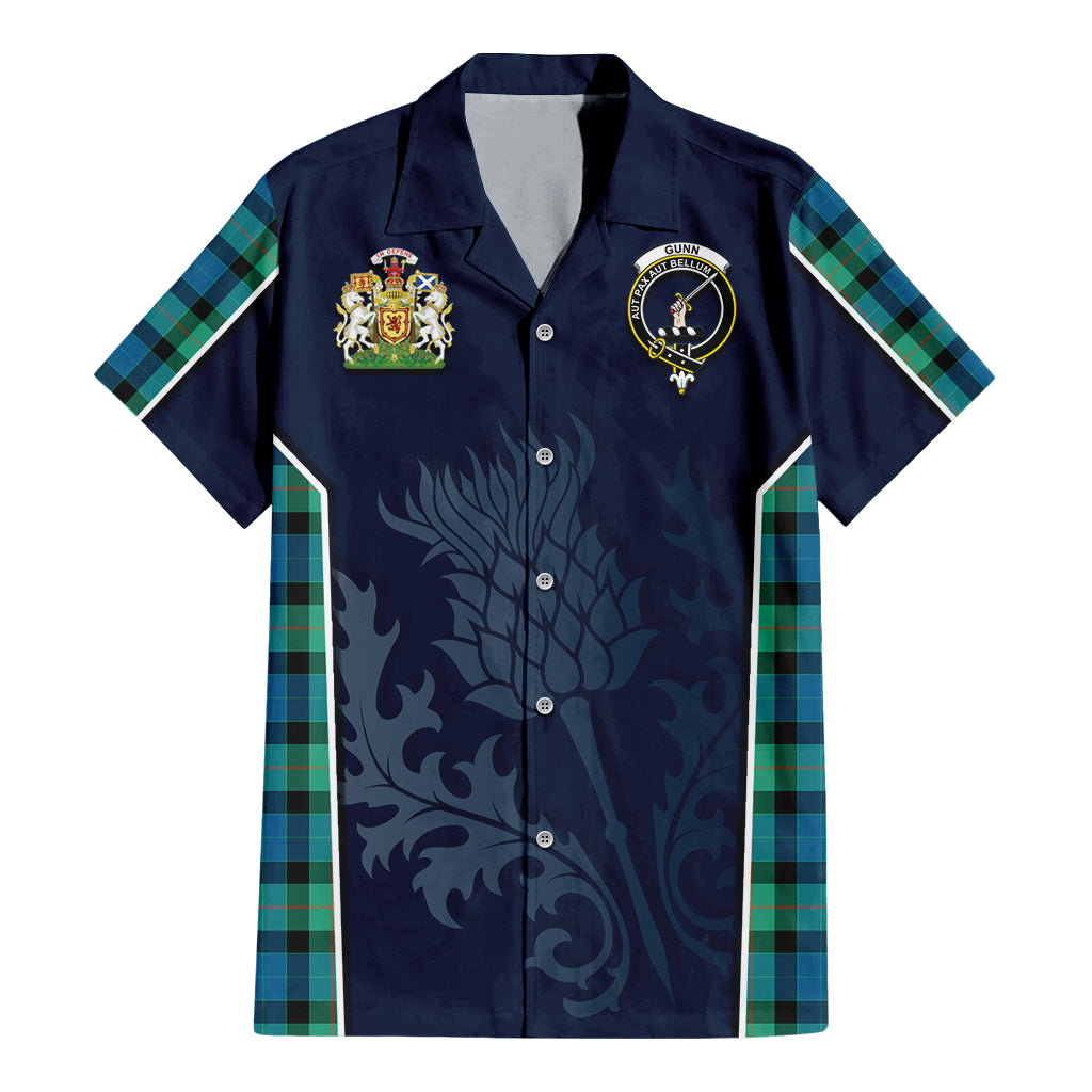 Tartan Vibes Clothing Gunn Ancient Tartan Short Sleeve Button Up Shirt with Family Crest and Scottish Thistle Vibes Sport Style