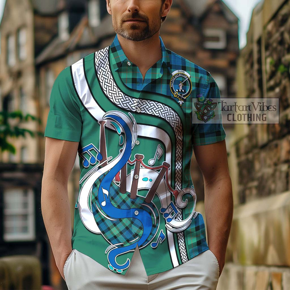 Gunn Ancient Tartan Short Sleeve Button Shirt with Epic Bagpipe Style - Tartanvibesclothing Shop