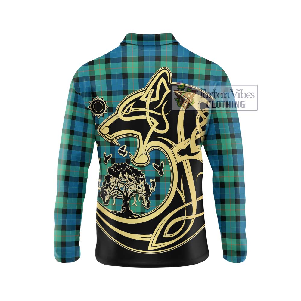 Gunn Ancient Tartan Long Sleeve Polo Shirt with Family Crest Celtic Wolf Style - Tartanvibesclothing Shop