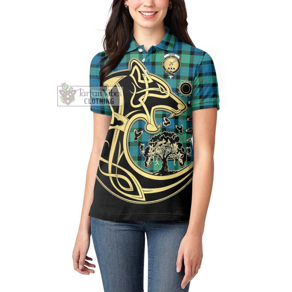 Gunn Ancient Tartan Women's Polo Shirt with Family Crest Celtic Wolf Style - Tartanvibesclothing Shop