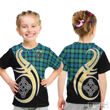 Gunn Ancient Tartan Kid T-Shirt with Family Crest and Celtic Symbol Style