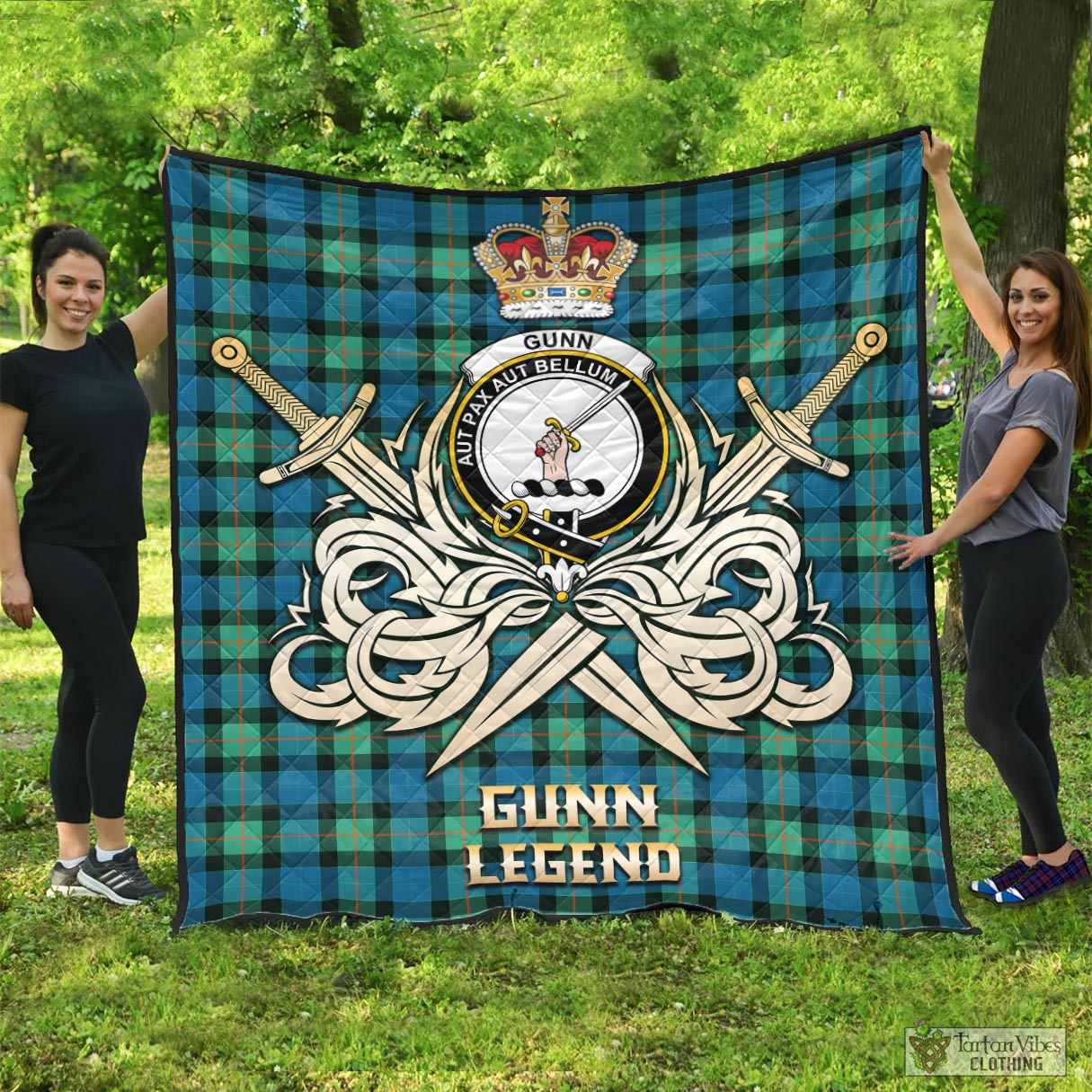 Tartan Vibes Clothing Gunn Ancient Tartan Quilt with Clan Crest and the Golden Sword of Courageous Legacy