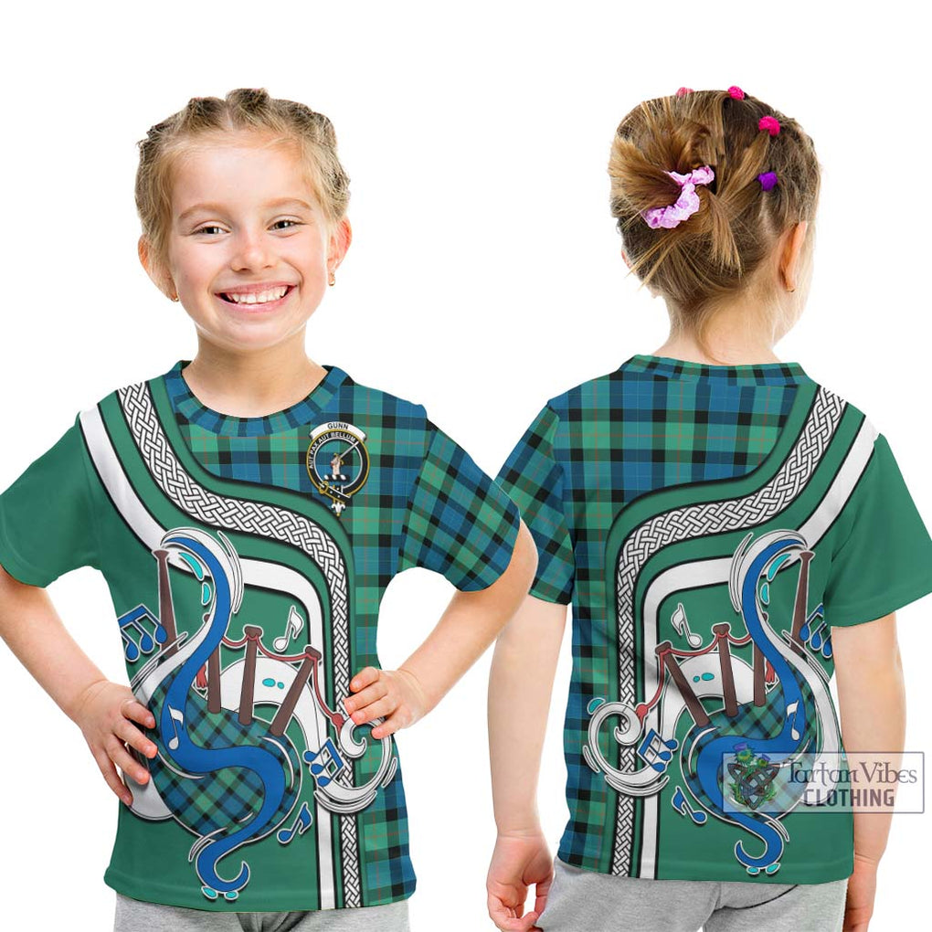 Tartan Vibes Clothing Gunn Ancient Tartan Kid T-Shirt with Epic Bagpipe Style