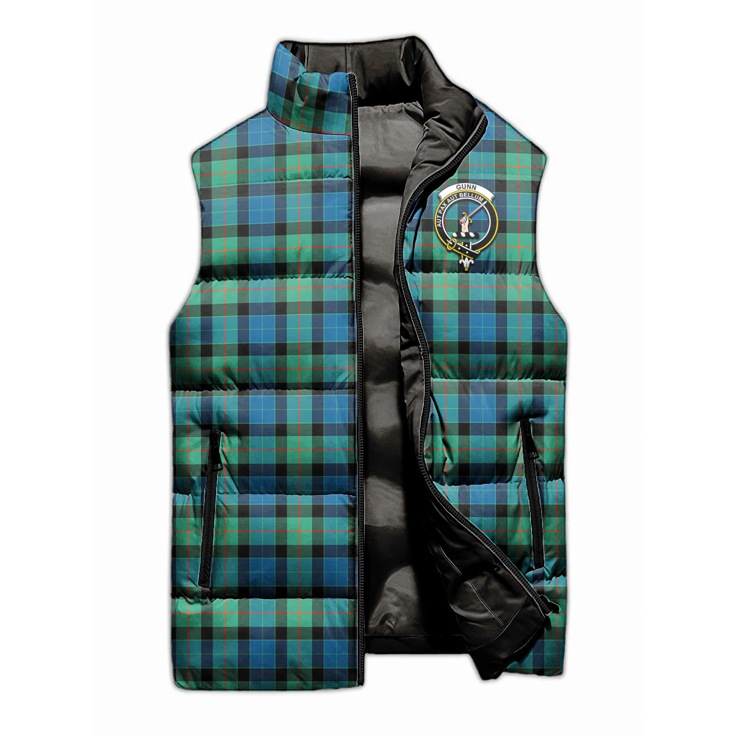 Gunn Ancient Tartan Sleeveless Puffer Jacket with Family Crest - Tartanvibesclothing