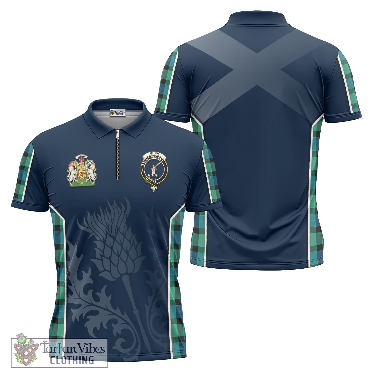 Tartan Vibes Clothing Gunn Ancient Tartan Zipper Polo Shirt with Family Crest and Scottish Thistle Vibes Sport Style