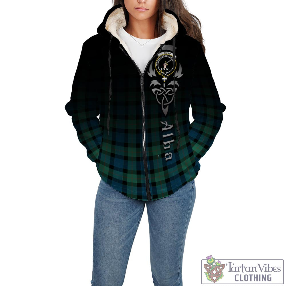 Tartan Vibes Clothing Gunn Ancient Tartan Sherpa Hoodie Featuring Alba Gu Brath Family Crest Celtic Inspired