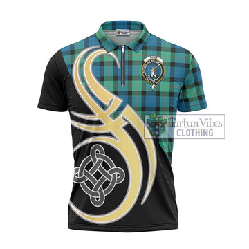 Gunn Ancient Tartan Zipper Polo Shirt with Family Crest and Celtic Symbol Style