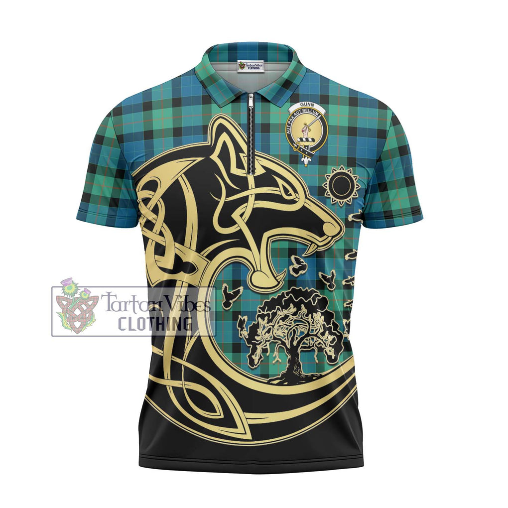 Gunn Ancient Tartan Zipper Polo Shirt with Family Crest Celtic Wolf Style - Tartanvibesclothing Shop