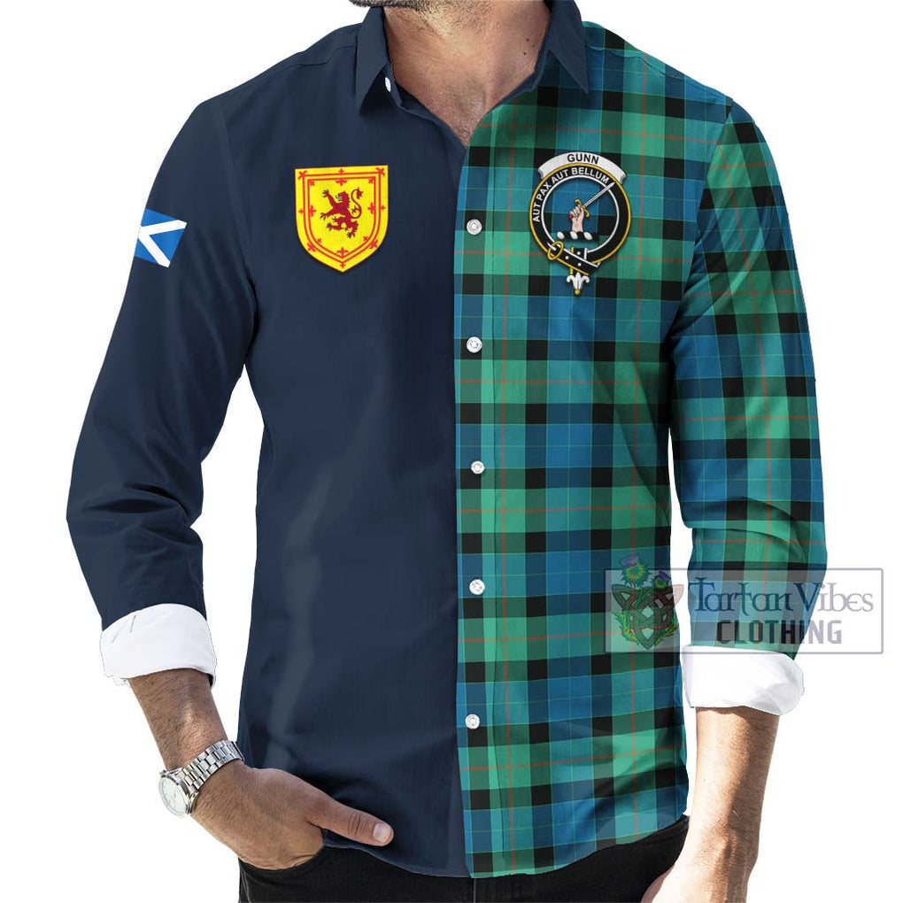 Tartan Vibes Clothing Gunn Ancient Tartan Long Sleeve Button Shirt with Scottish Lion Royal Arm Half Style