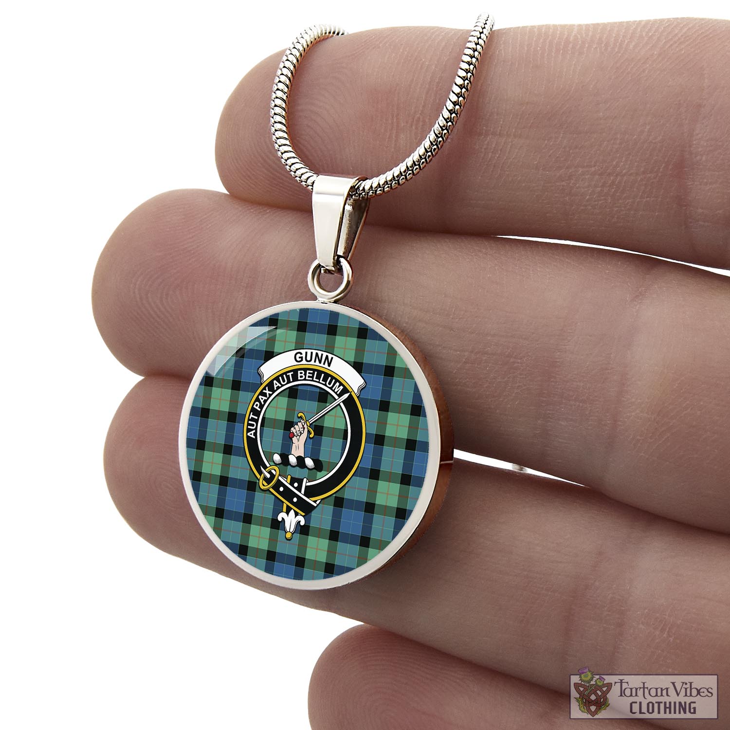 Tartan Vibes Clothing Gunn Ancient Tartan Circle Necklace with Family Crest