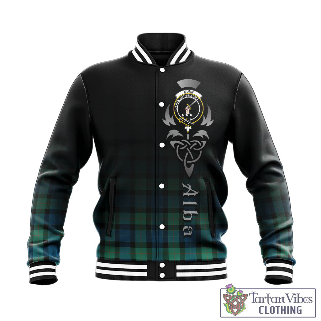 Tartan Vibes Clothing Gunn Ancient Tartan Baseball Jacket Featuring Alba Gu Brath Family Crest Celtic Inspired