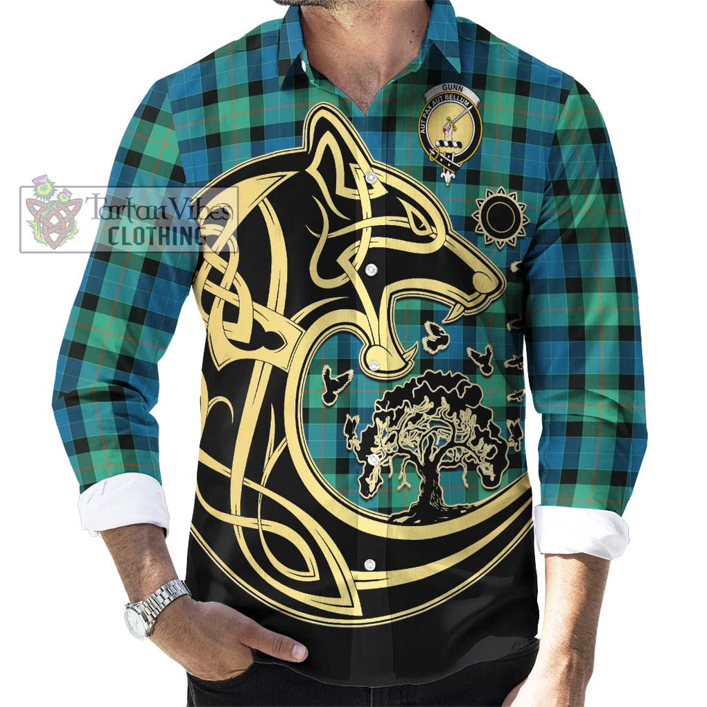 Gunn Ancient Tartan Long Sleeve Button Shirt with Family Crest Celtic Wolf Style - Tartan Vibes Clothing