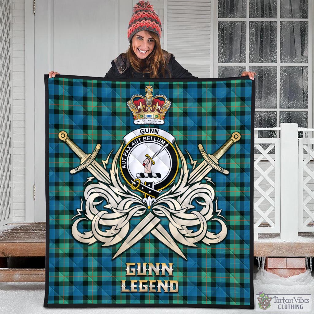 Tartan Vibes Clothing Gunn Ancient Tartan Quilt with Clan Crest and the Golden Sword of Courageous Legacy