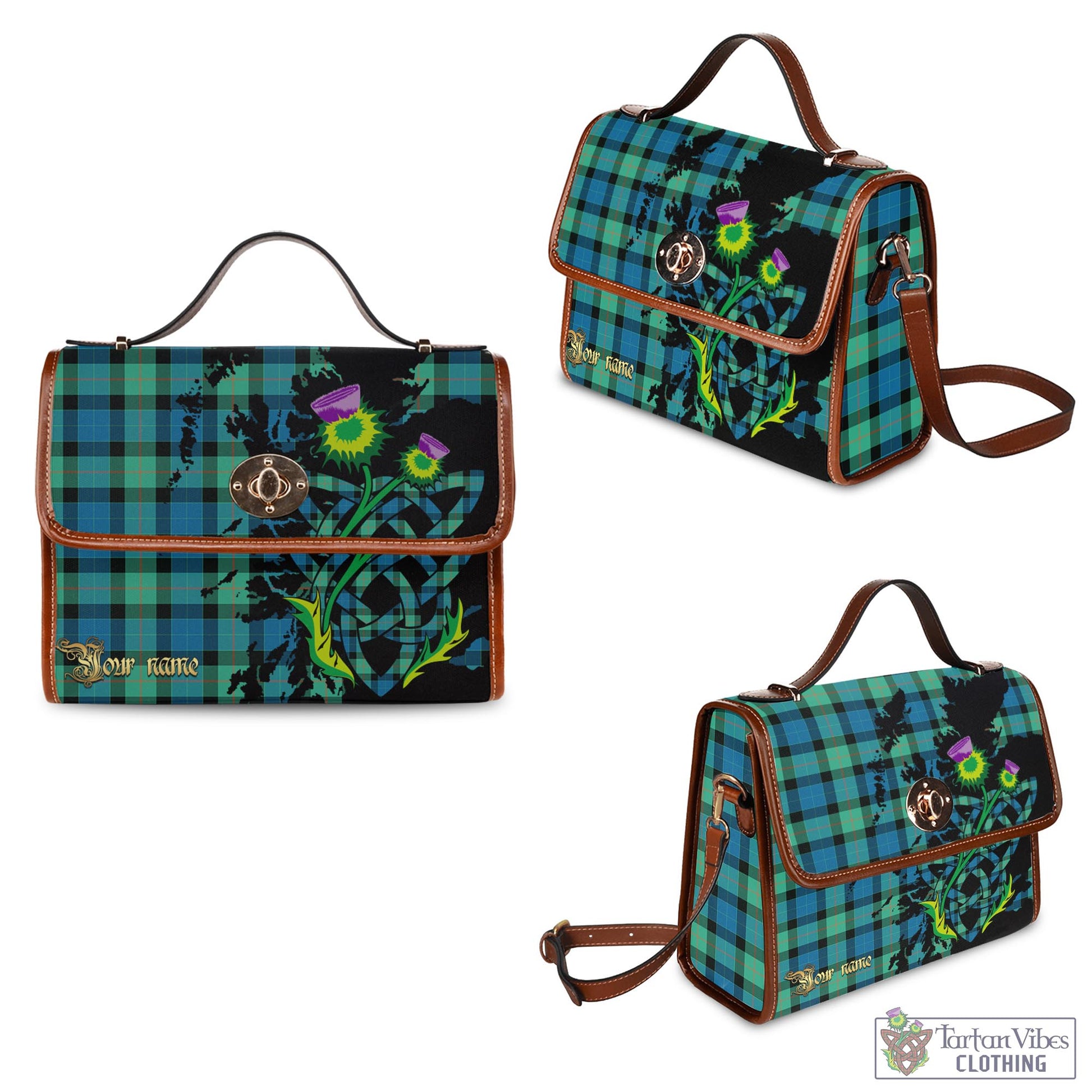 Tartan Vibes Clothing Gunn Ancient Tartan Waterproof Canvas Bag with Scotland Map and Thistle Celtic Accents
