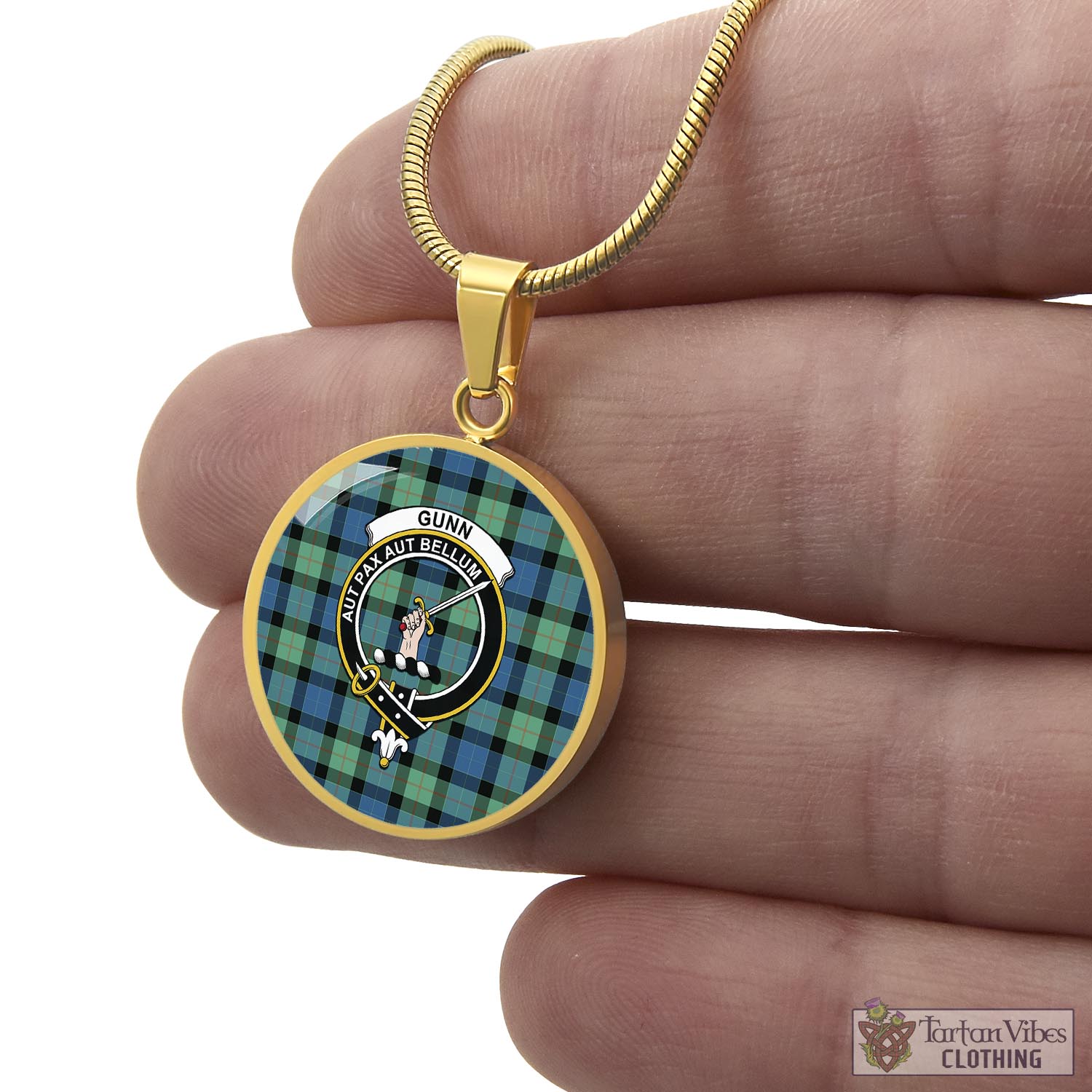 Tartan Vibes Clothing Gunn Ancient Tartan Circle Necklace with Family Crest