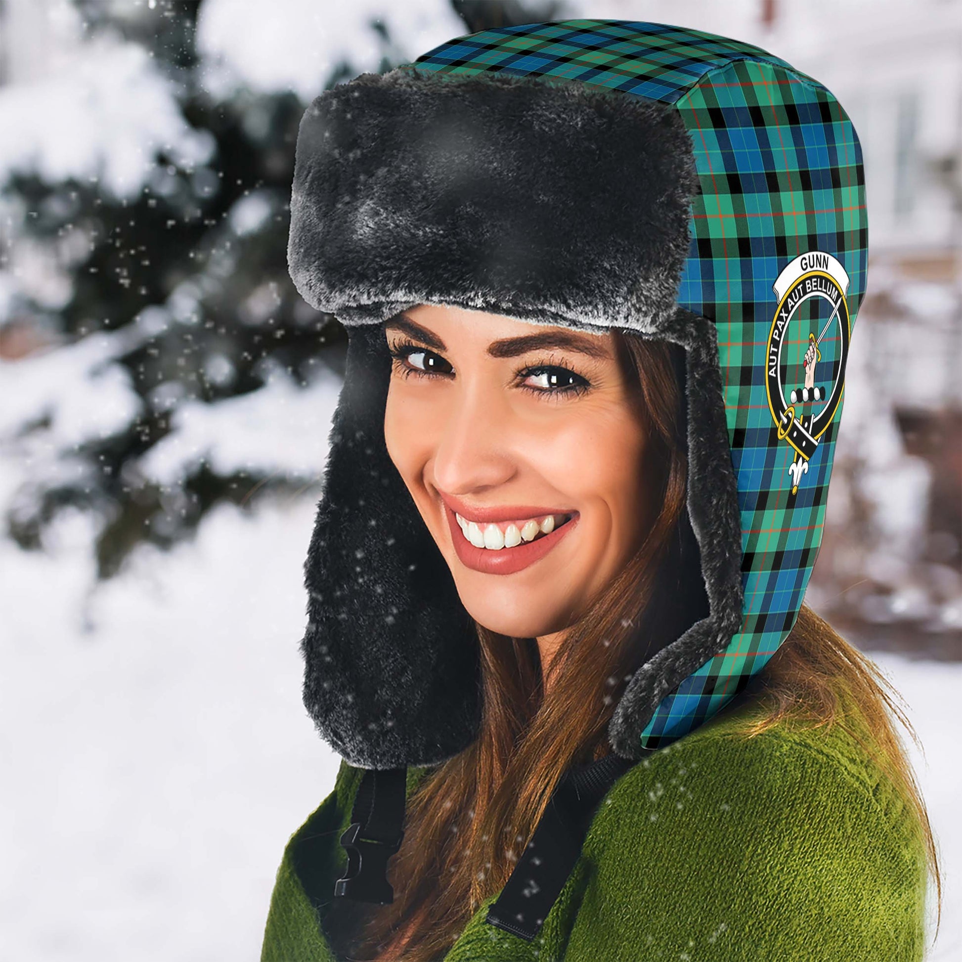 Gunn Ancient Tartan Winter Trapper Hat with Family Crest - Tartanvibesclothing