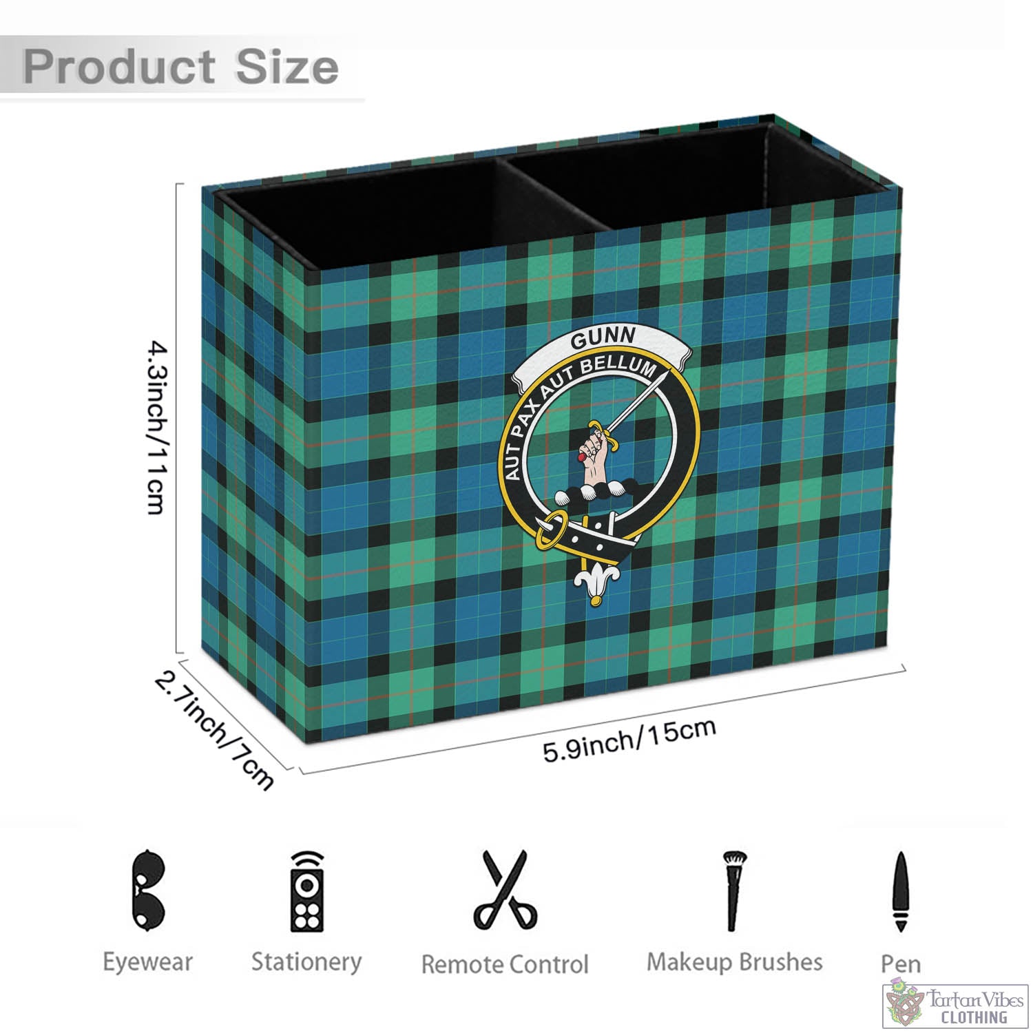 Tartan Vibes Clothing Gunn Ancient Tartan Pen Holder with Family Crest