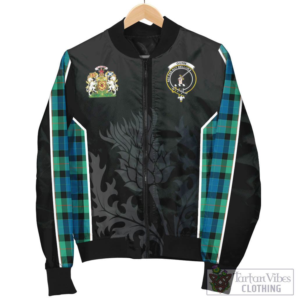 Tartan Vibes Clothing Gunn Ancient Tartan Bomber Jacket with Family Crest and Scottish Thistle Vibes Sport Style