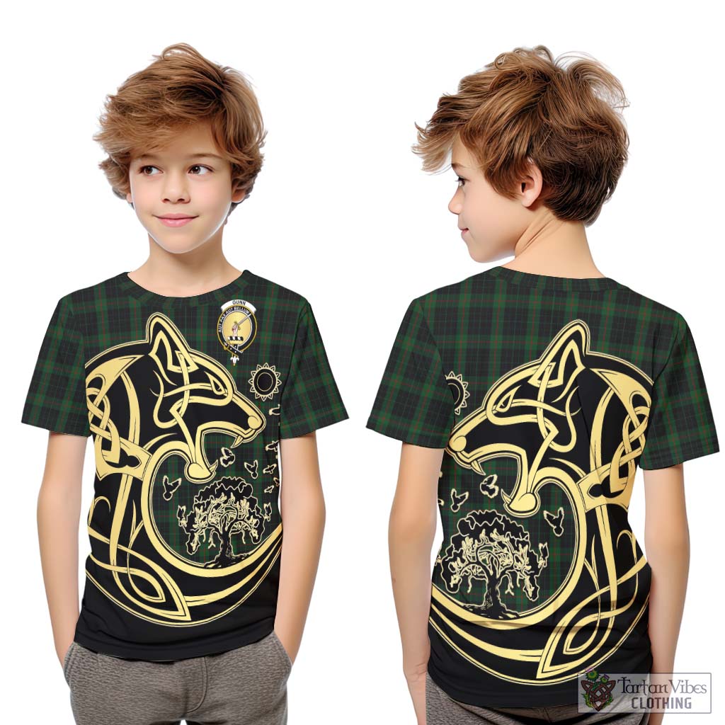 Tartan Vibes Clothing Gunn Logan Tartan Kid T-Shirt with Family Crest Celtic Wolf Style