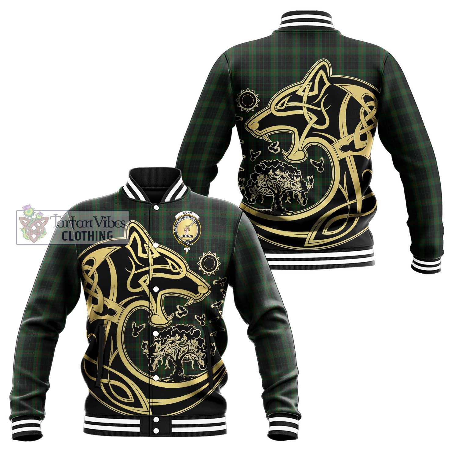 Tartan Vibes Clothing Gunn Logan Tartan Baseball Jacket with Family Crest Celtic Wolf Style