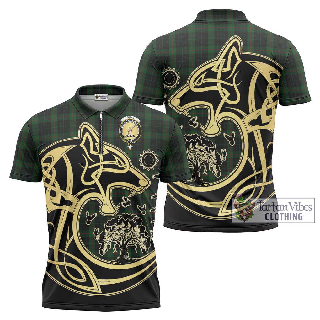 Gunn Logan Tartan Zipper Polo Shirt with Family Crest Celtic Wolf Style Unisex - Tartanvibesclothing Shop