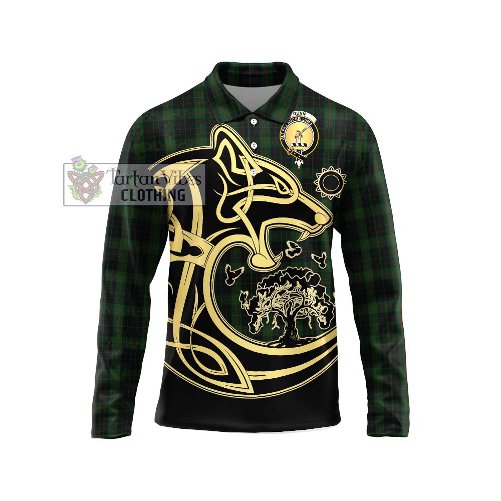 Tartan Vibes Clothing Gunn Logan Tartan Long Sleeve Polo Shirt with Family Crest Celtic Wolf Style