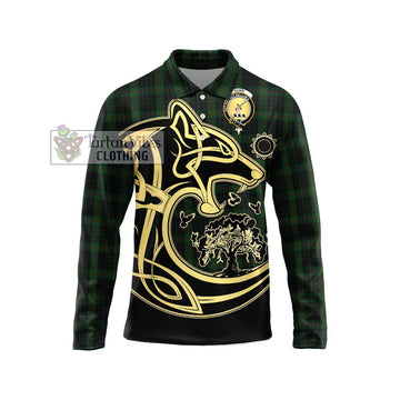 Gunn Logan Tartan Long Sleeve Polo Shirt with Family Crest Celtic Wolf Style