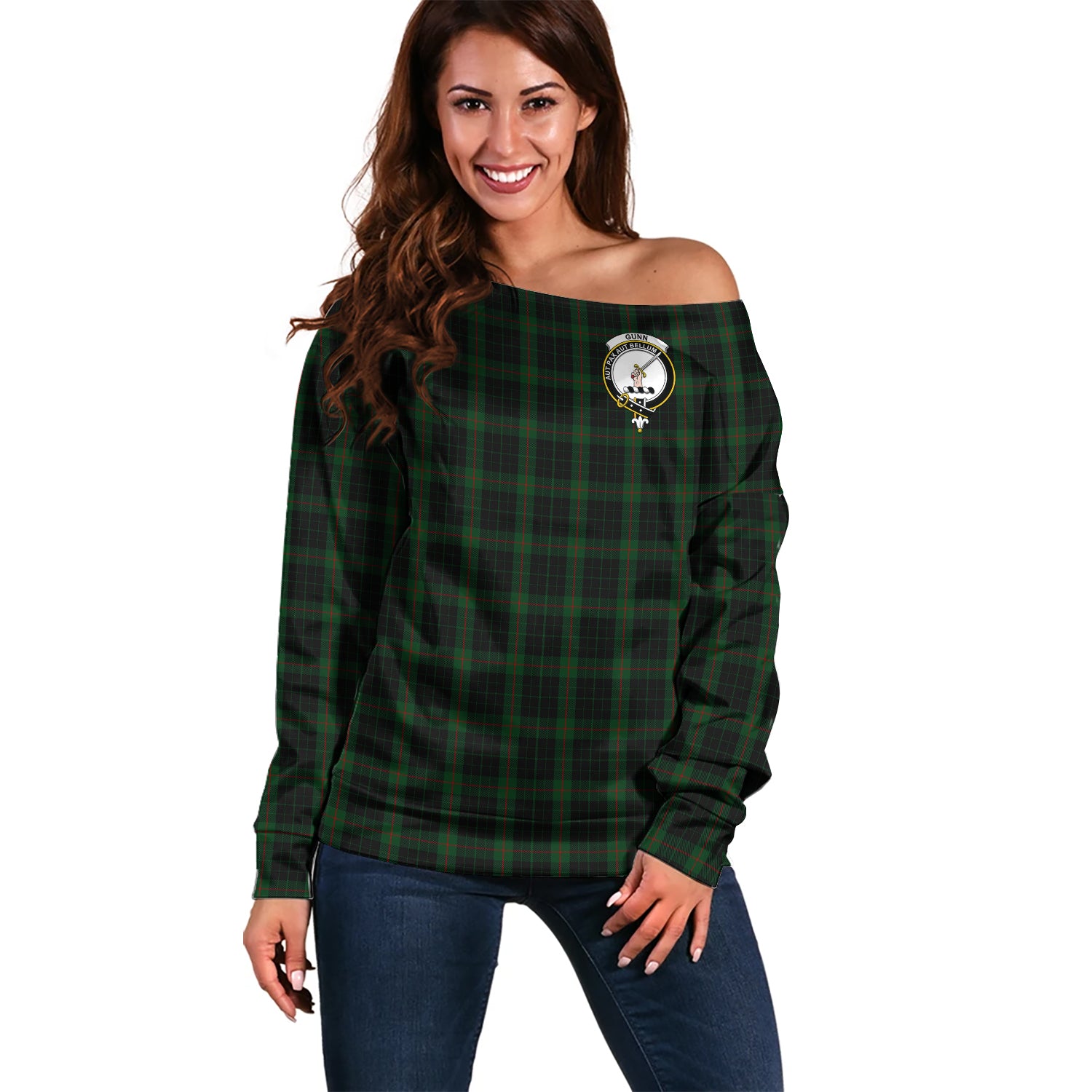 Gunn Logan Tartan Off Shoulder Women Sweater with Family Crest Women - Tartanvibesclothing