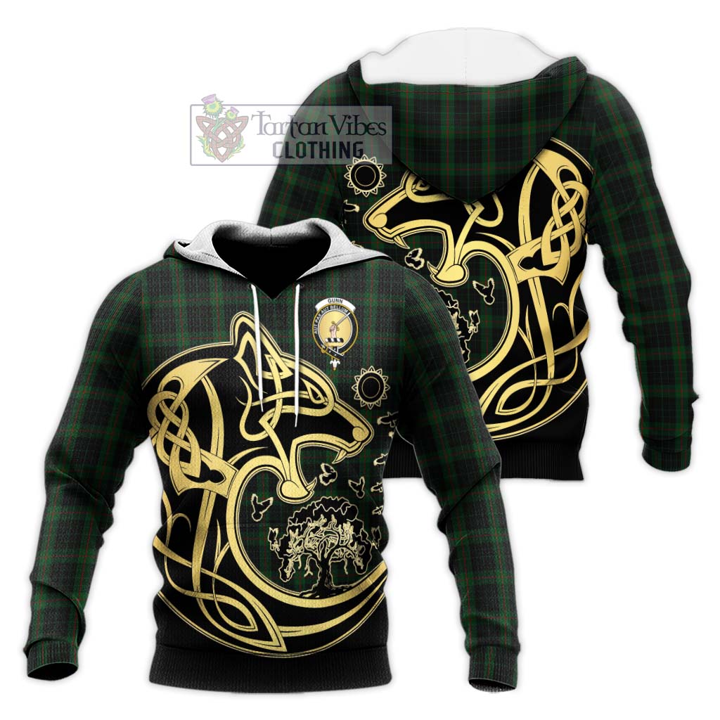 Tartan Vibes Clothing Gunn Logan Tartan Knitted Hoodie with Family Crest Celtic Wolf Style