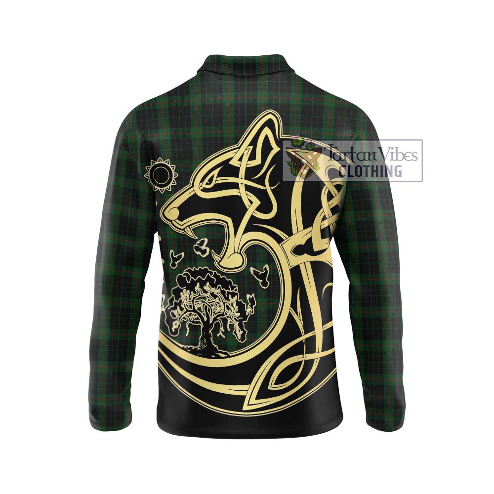 Tartan Vibes Clothing Gunn Logan Tartan Long Sleeve Polo Shirt with Family Crest Celtic Wolf Style