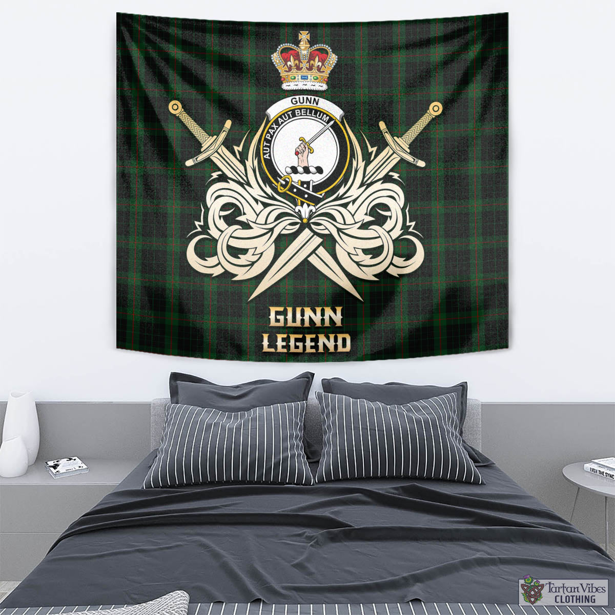 Tartan Vibes Clothing Gunn Logan Tartan Tapestry with Clan Crest and the Golden Sword of Courageous Legacy