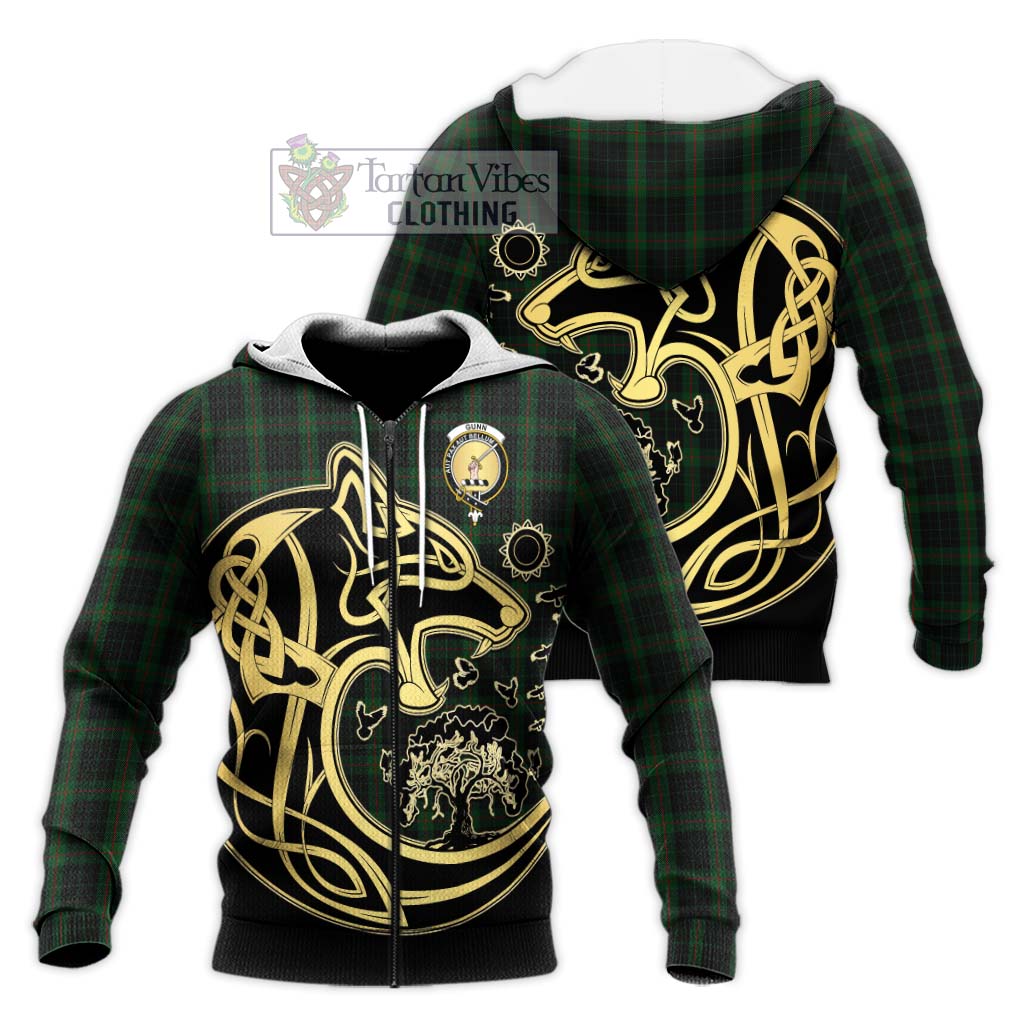 Tartan Vibes Clothing Gunn Logan Tartan Knitted Hoodie with Family Crest Celtic Wolf Style