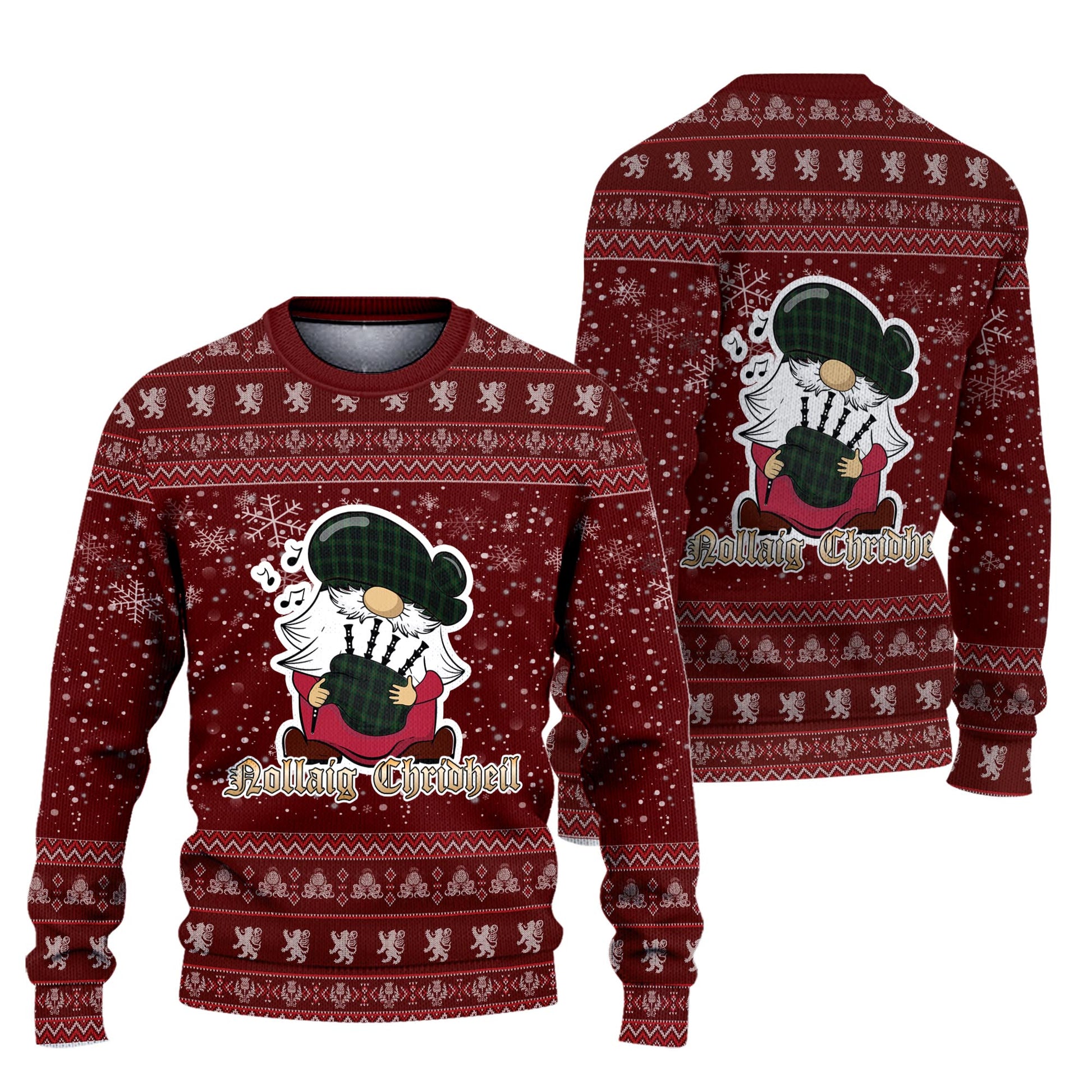 Gunn Logan Clan Christmas Family Knitted Sweater with Funny Gnome Playing Bagpipes Unisex Red - Tartanvibesclothing