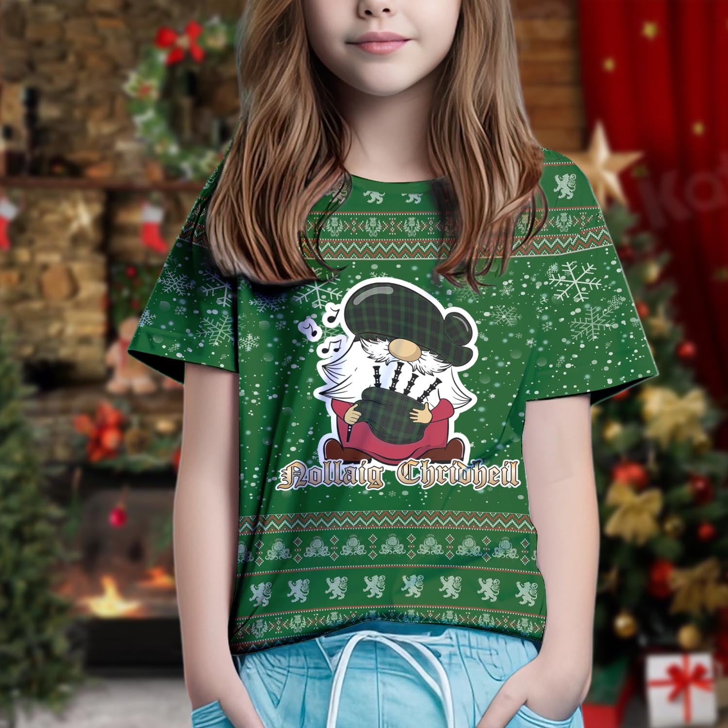 Gunn Logan Clan Christmas Family T-Shirt with Funny Gnome Playing Bagpipes Kid's Shirt Green - Tartanvibesclothing