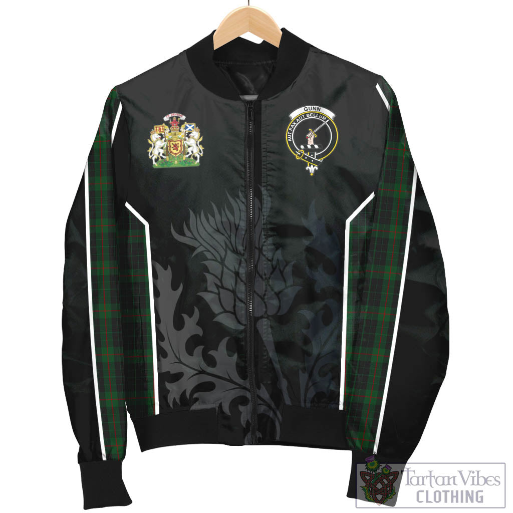 Tartan Vibes Clothing Gunn Logan Tartan Bomber Jacket with Family Crest and Scottish Thistle Vibes Sport Style