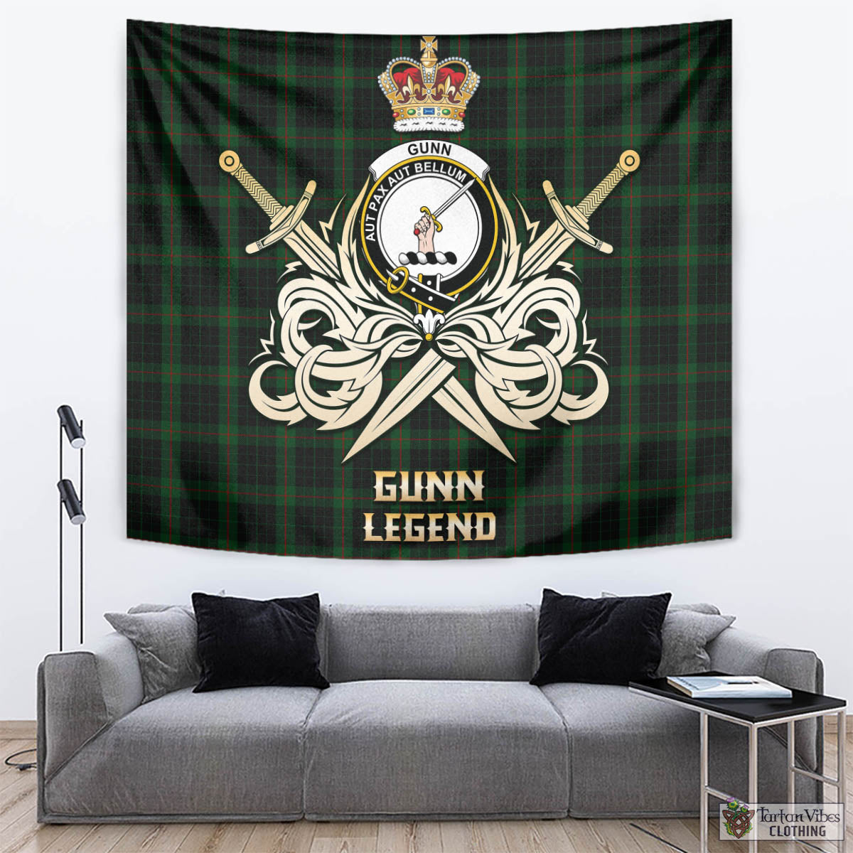Tartan Vibes Clothing Gunn Logan Tartan Tapestry with Clan Crest and the Golden Sword of Courageous Legacy