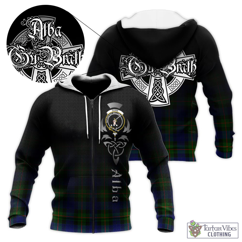 Tartan Vibes Clothing Gunn Modern Tartan Knitted Hoodie Featuring Alba Gu Brath Family Crest Celtic Inspired