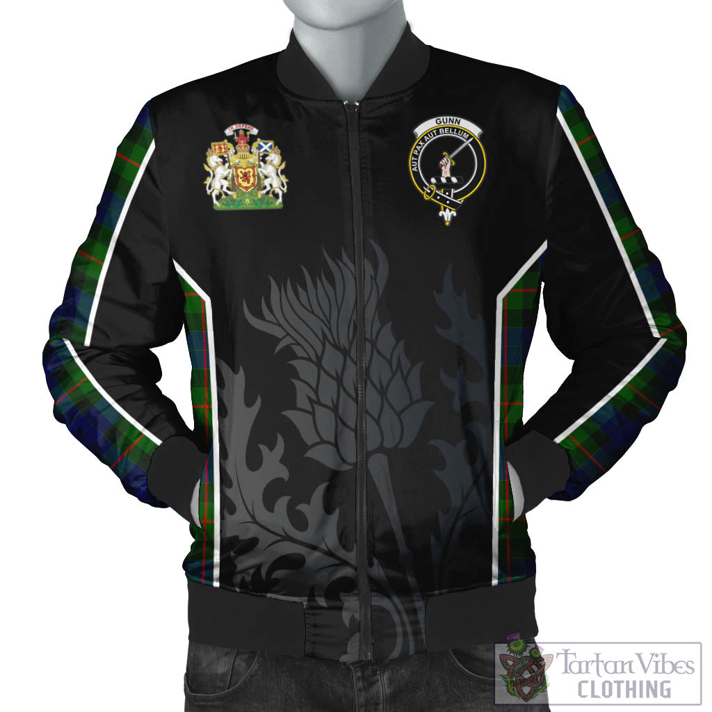 Tartan Vibes Clothing Gunn Modern Tartan Bomber Jacket with Family Crest and Scottish Thistle Vibes Sport Style